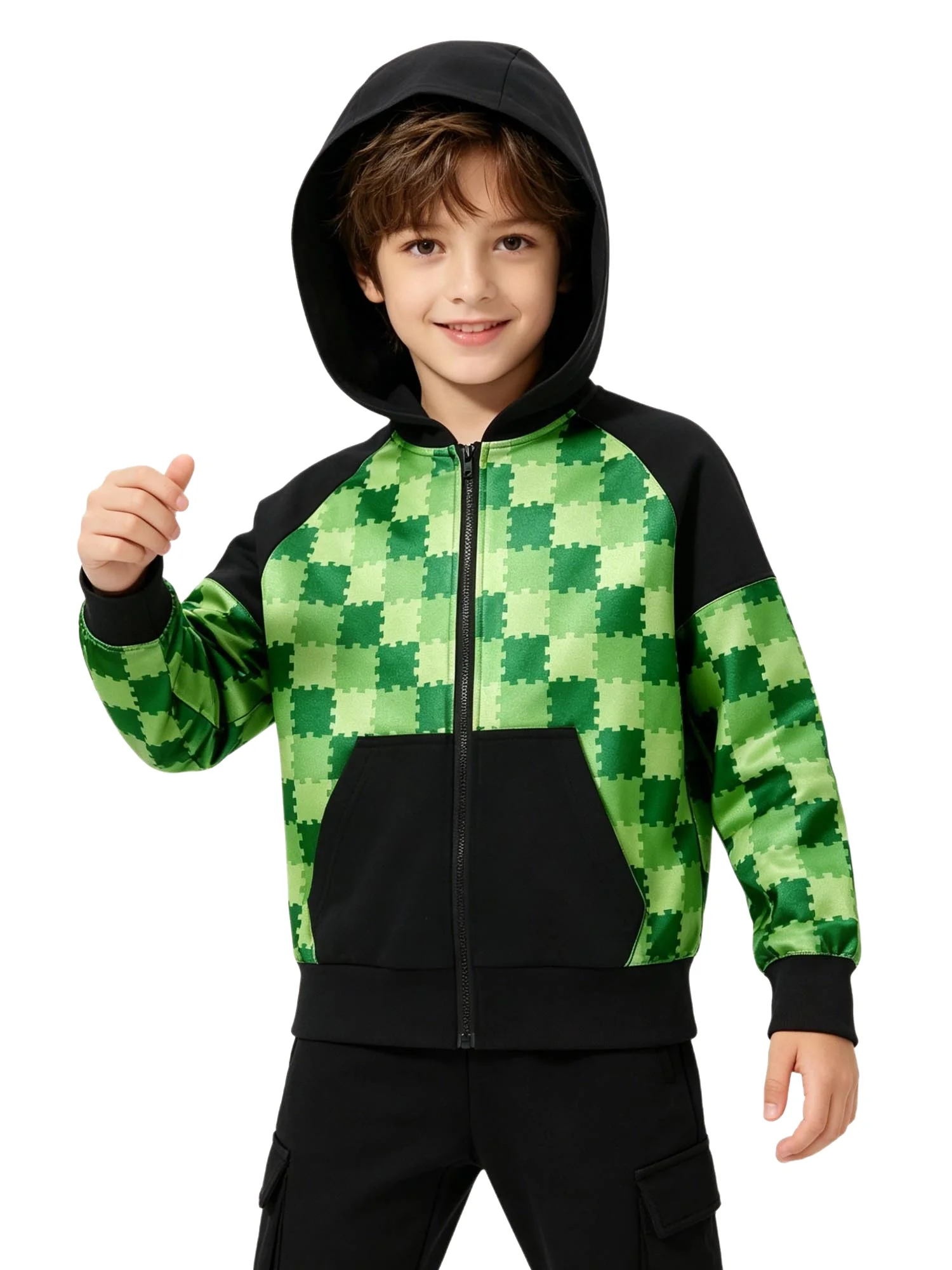 

Boys Halloween Hoodie Plaid Long Sleeve Zip Jacket with Pockets Lightweight Breathable for Cosplay Gaming Party Casual Wear