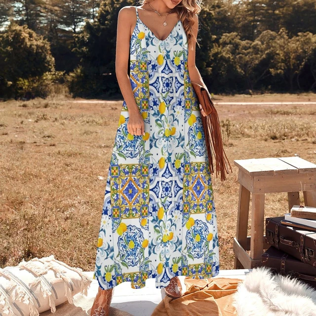 Summer,citrus,mosaic background ,Mediterranean style,lemon fruit pattern  Sleeveless Dress womens dress long dress women summer - AliExpress