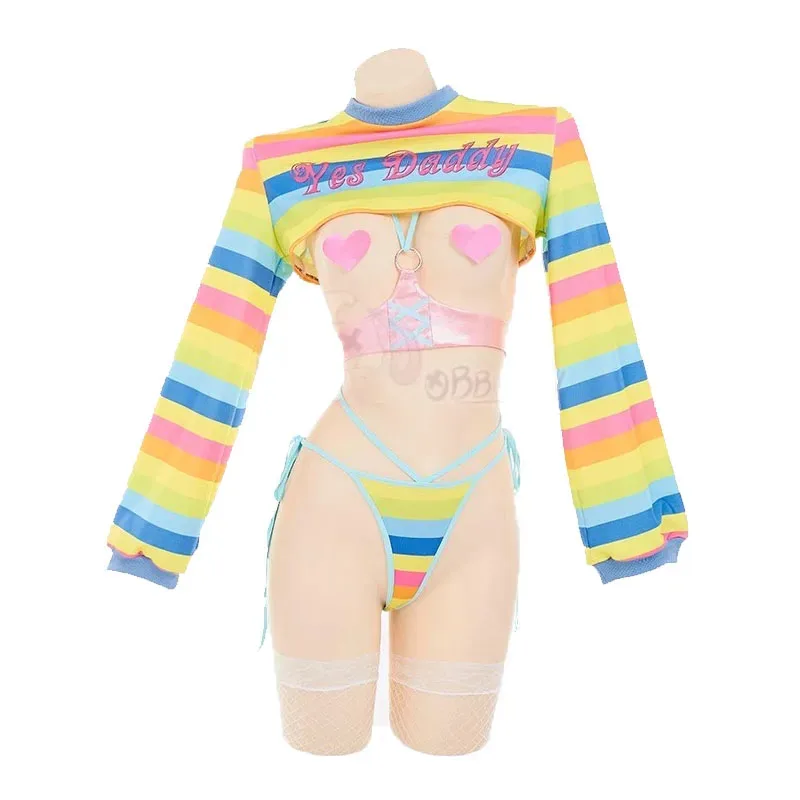 Новинка 2025 года, аниме-костюм горничной для косплея, женский сексуальный костюм контрастного цвета с длинными рукавами, боди, носки, костюм кролика для девочек, полосатая униформа, бикини