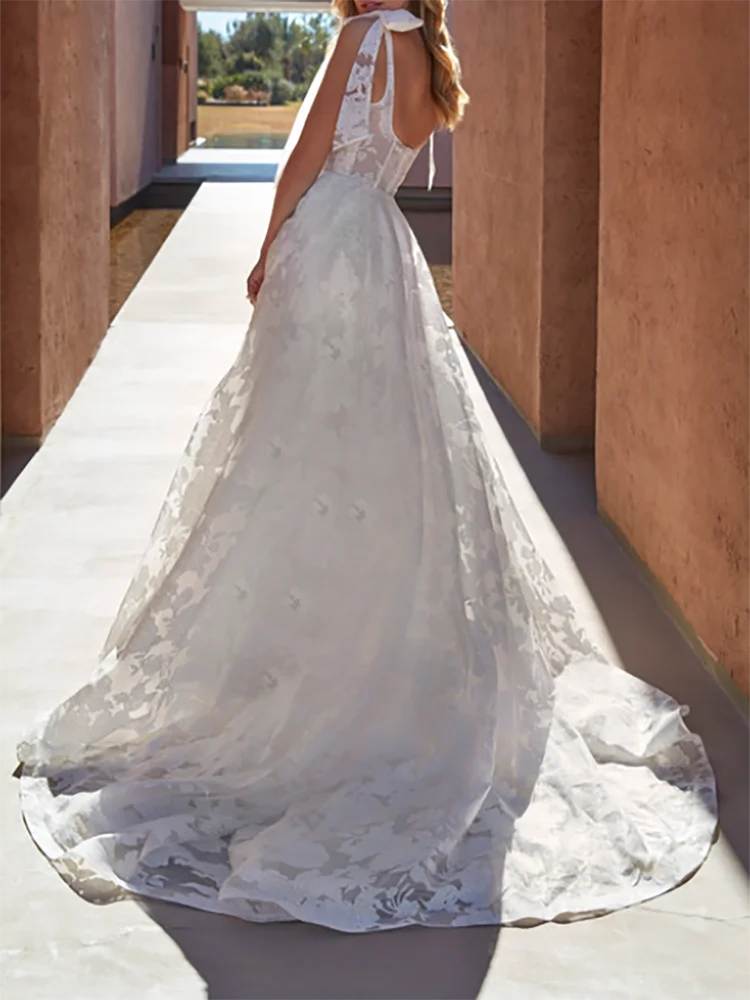 Classic Square Collar Applqiuins Sleeveless Bow A-Line Customized