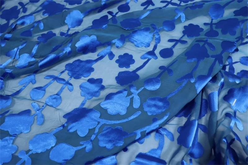 Autumn Style Blue Flower Hollowed Out Tattered Silk Velvet DIY Cheongsam Hanfu Dress Shirt Designer Satin Mulberry Silk Fabric