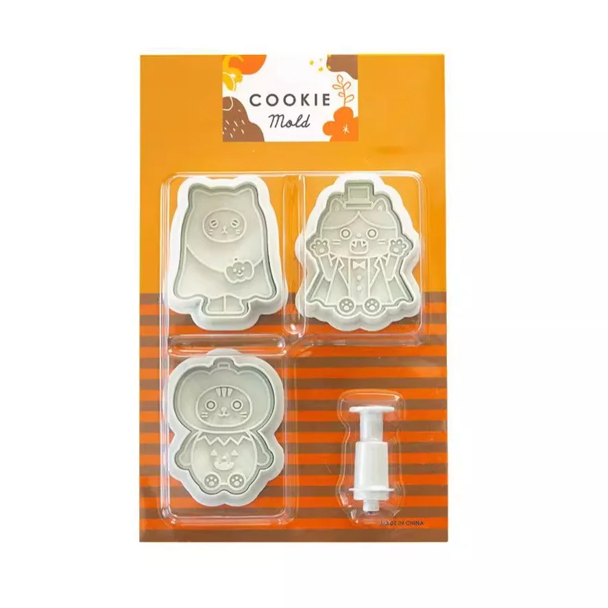 3Pcs Halloween Party Cookie Cutter 3D Plastic Skeleton Embosser Stamp Biscuit Mold Fondant Pastry Cartoon Cake Decoration