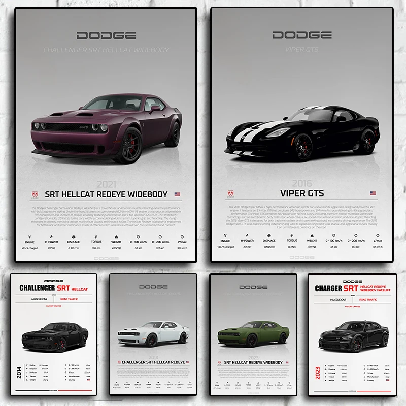 Modern Cool Cars Dodge Performance Introduction Classic Artwork Posters Prints Wall Pictures for Living Room Boy Room Home Decor