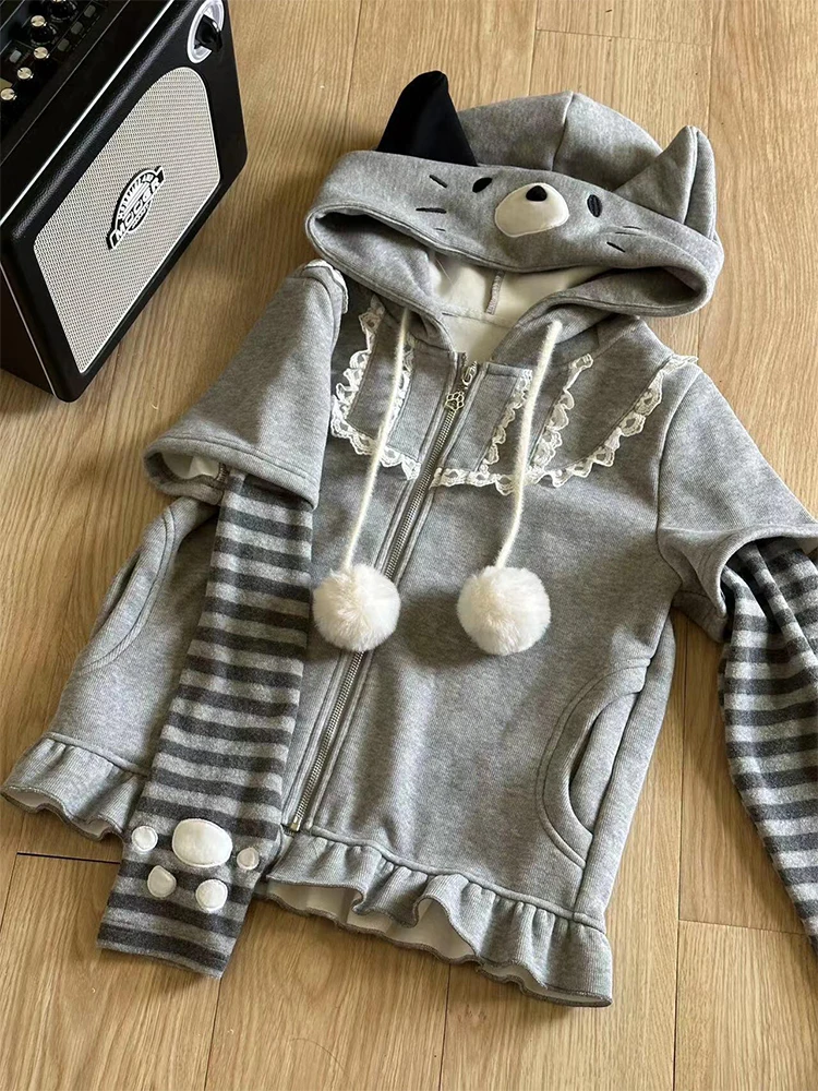 Japanese Two-dimensional Cute Lace Edge Fake Two-piece Hooded Sweatshirt Women\'s Autumn New Striped Loose Hoodies Jacket Tide
