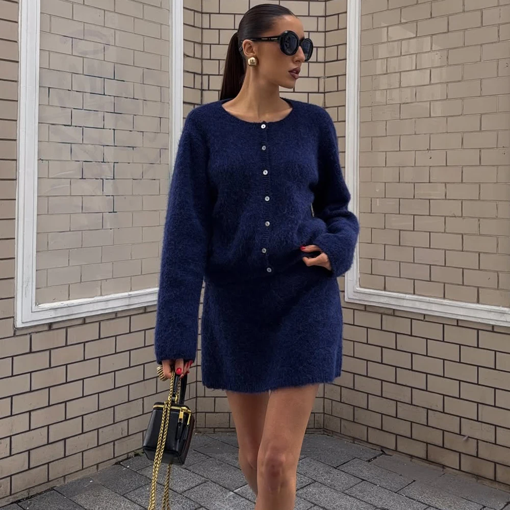 Tuularose Damen Strick-Minirock 2-Teiliges Set Mode Herbst Strickjacke Eleganter Rockanzug Schickes Street-Casual Damenrock-Outfit