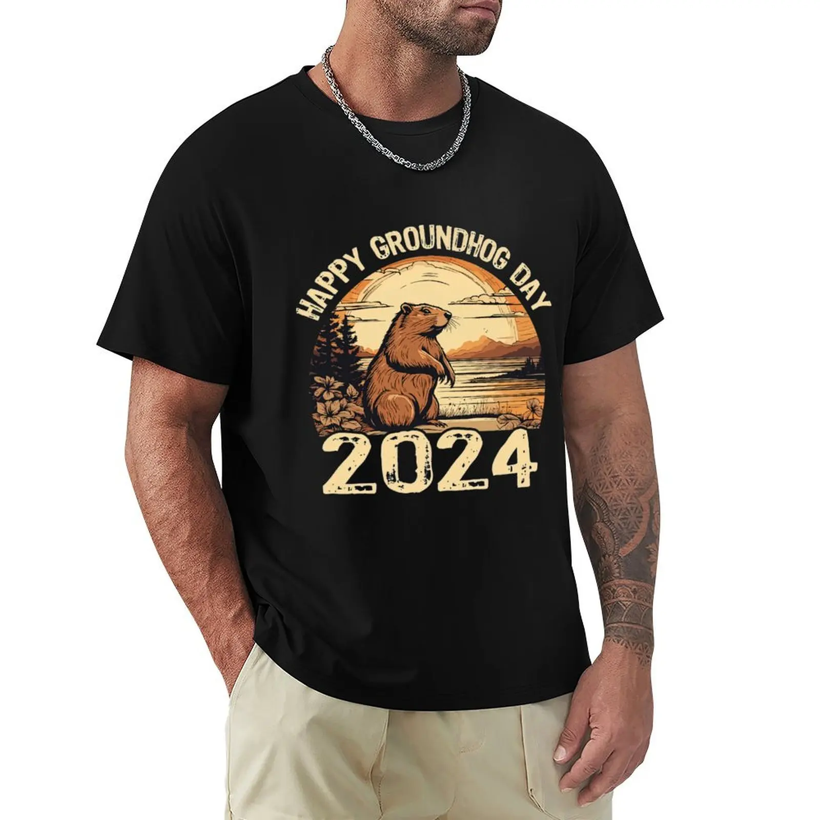Retro Happy Groundhog Day 2024 Vintage Ground Hog Holiday T-Shirt t shirts for man pack cotton T-Shirt