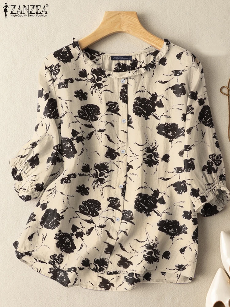 ZANZEA Elegant Floral Print Tunic Tops O Neck 3/4 Sleeve Flounce Trim Women Blusas Mujer Casual Autumn 2024 Vintage Blouses