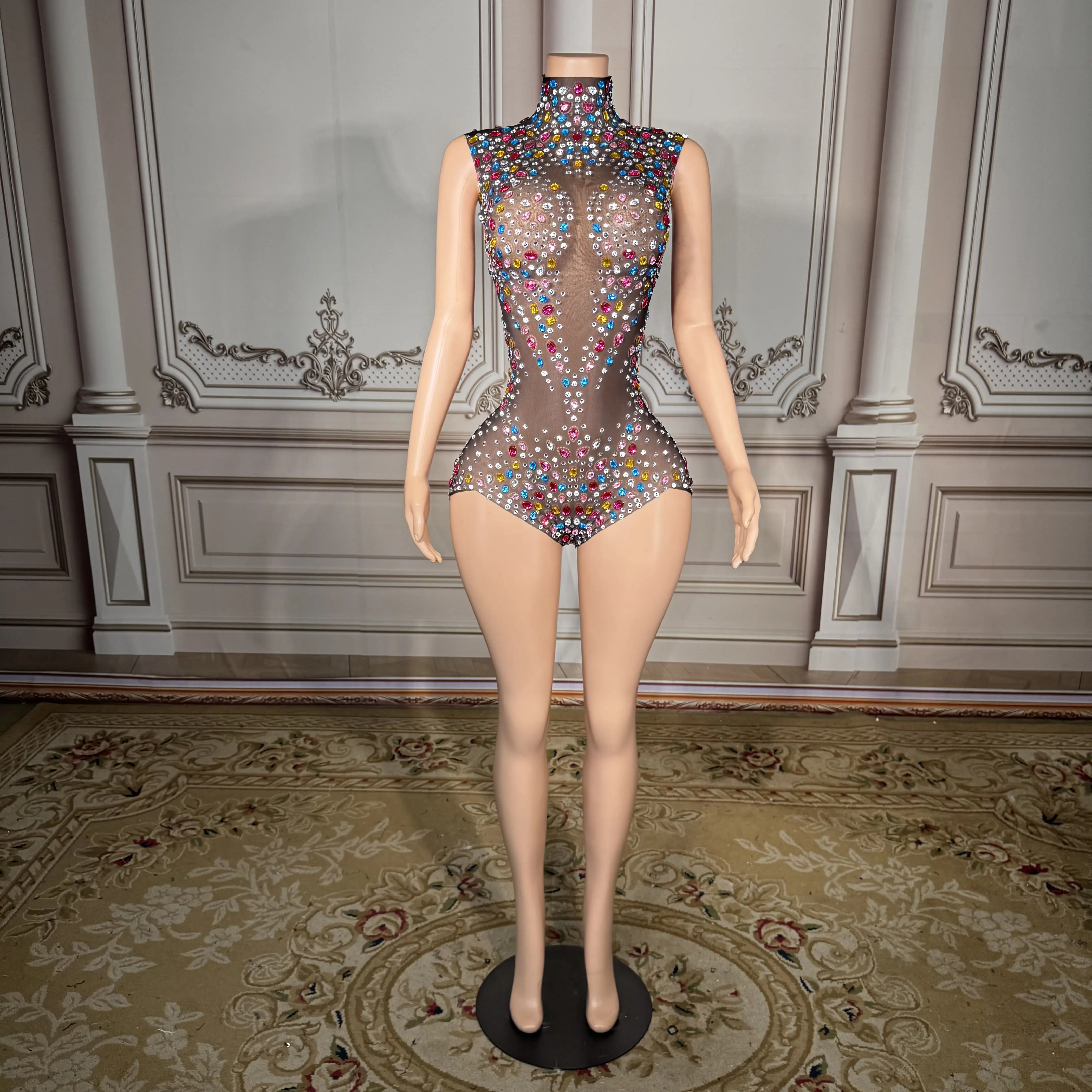 

Сексуальный прозрачный боди с высоким воротом и стразами ZD, готовый к выступлению, многоцветный, из сетки с камнями