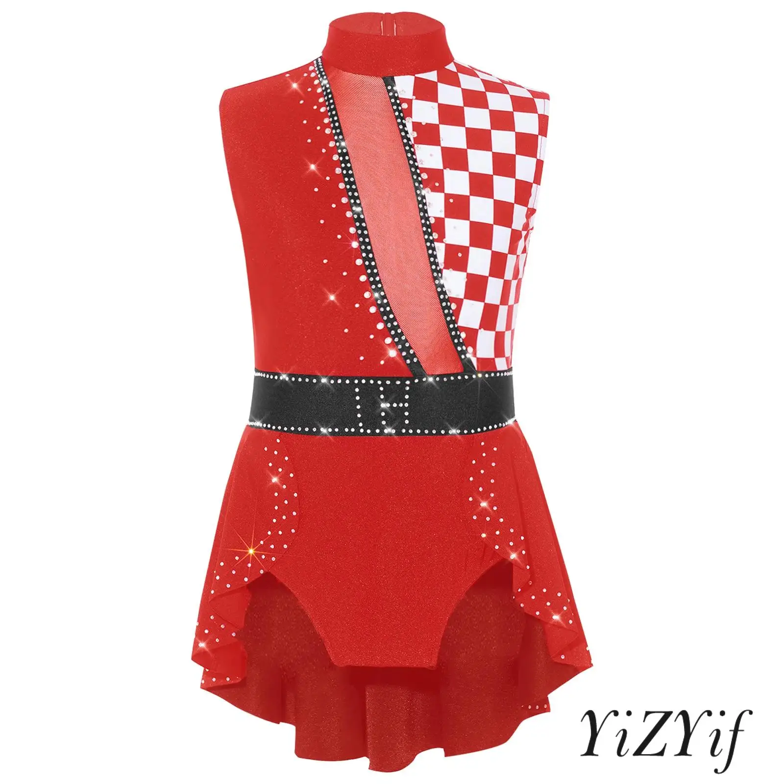 

Girls Circus Clown Cosplay Costume Jumpsuit Mock Neck Sleeveless Sparkly Rhinestones Decor Patchwork Ballet Jazz Dance Leotard
