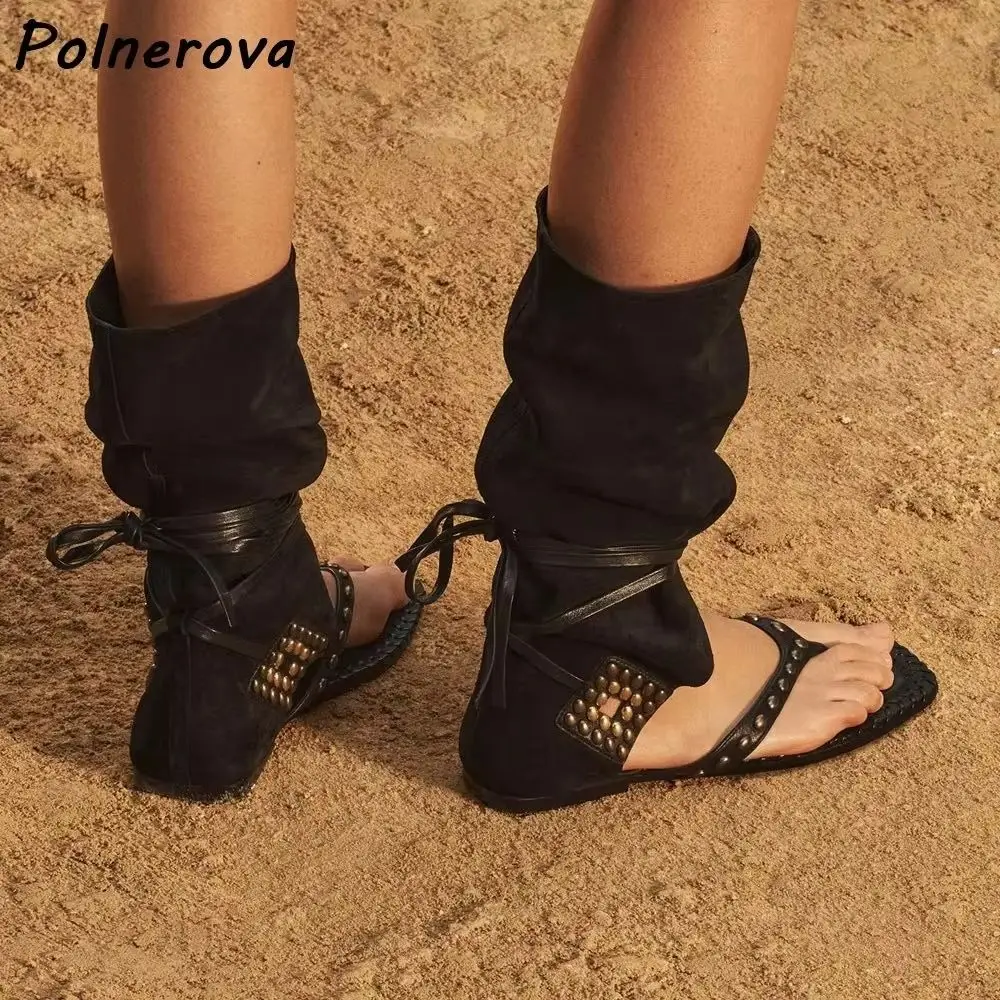 Suede Wrap Tie Gladiator Sandal Boots Retro Square Toe Flip Flop Flat Rivet Studded Knee High Shoes Bohemian Vacation Shoes