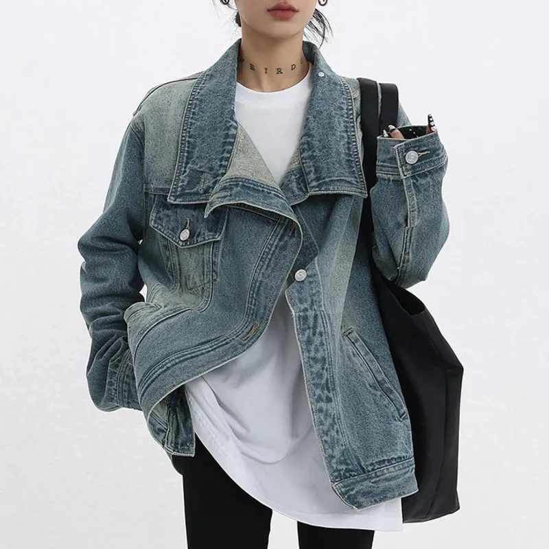 ANJY Jesień Nowa Damska High Street Vintage Y2K Koreańska Codzienna Sprana Oryginalna Asymetryczna Kieszeń Jednorzędowa Kurtka Jeansowa A7321