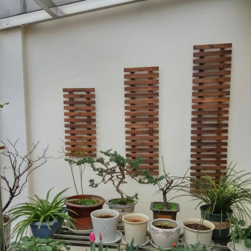 Wall Hanging Flower Shelf Carbonized Anti-corrosion Wood Fence Garden Potted Display Rack Living Room Grid Climbing Flower Rack