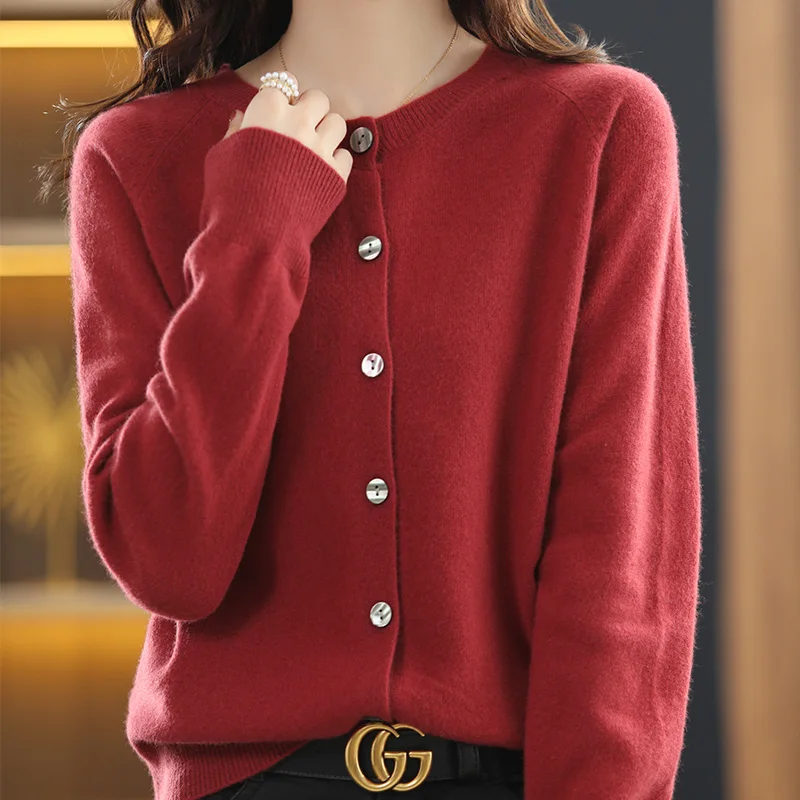 Spring New 100%Pure Wool Cardigan Ladies Jacket Solid Round Neck Wild Cashmere Sweater Simple Knit Shirt Loose Coat Female Tops