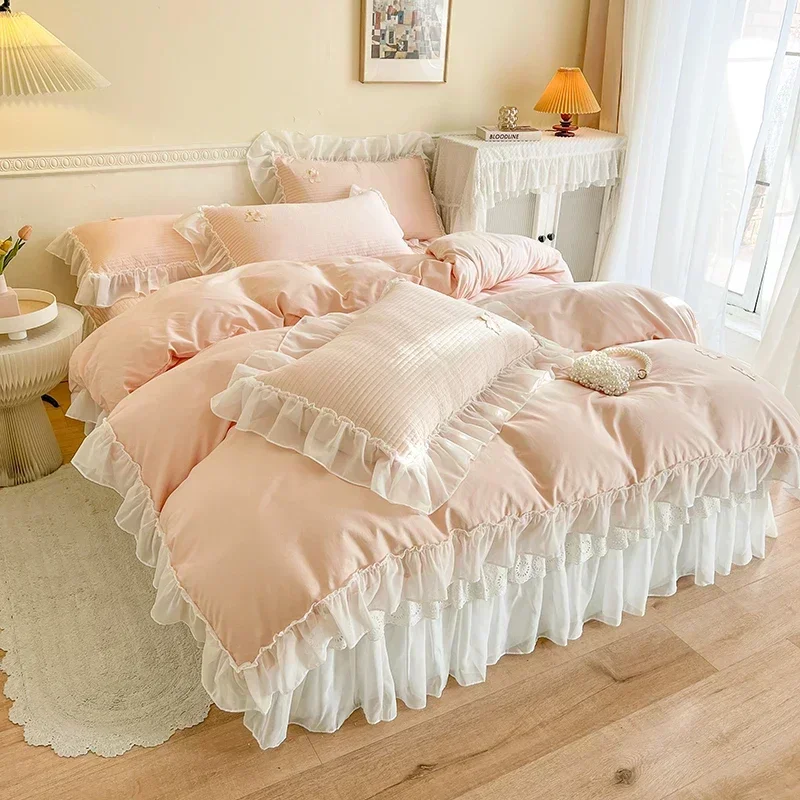 Pink White Grey 100% Cotton Princess Bedding Set Romantic Lace Ruffles Duvet Cover Set Quilted Bedspread Bed Skirt Pillowcases