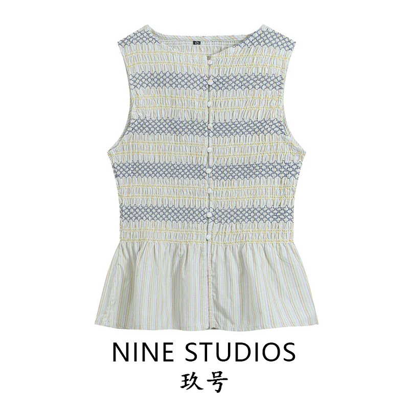 NINE ZAR Women's round Neck Embroidered Top Sleeveless Casual Honeycomb Pattern Short H-Shape Vest 5770221 Summer Collection