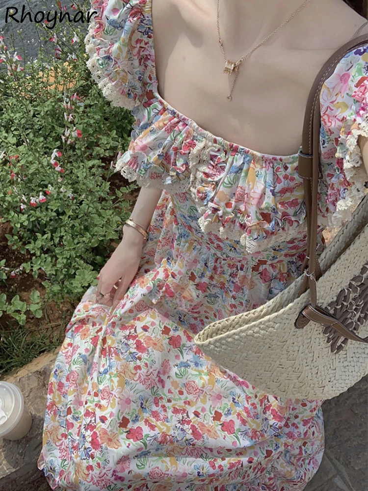 

Slim Dresses Women Sleeveless Midi Floral Square Collar Sweet Gentle Spring Summer Vestidos Holiday Seaside Leisure Park Female