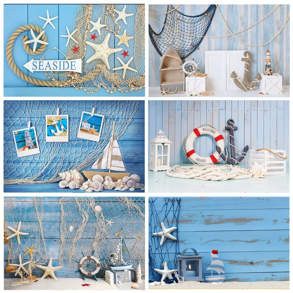 

Nautical Rows Starfish Sea Background Baby Shower Decor Baby Portrait Wooden Board Rail Seaman Cake Smash Photography Backdrops