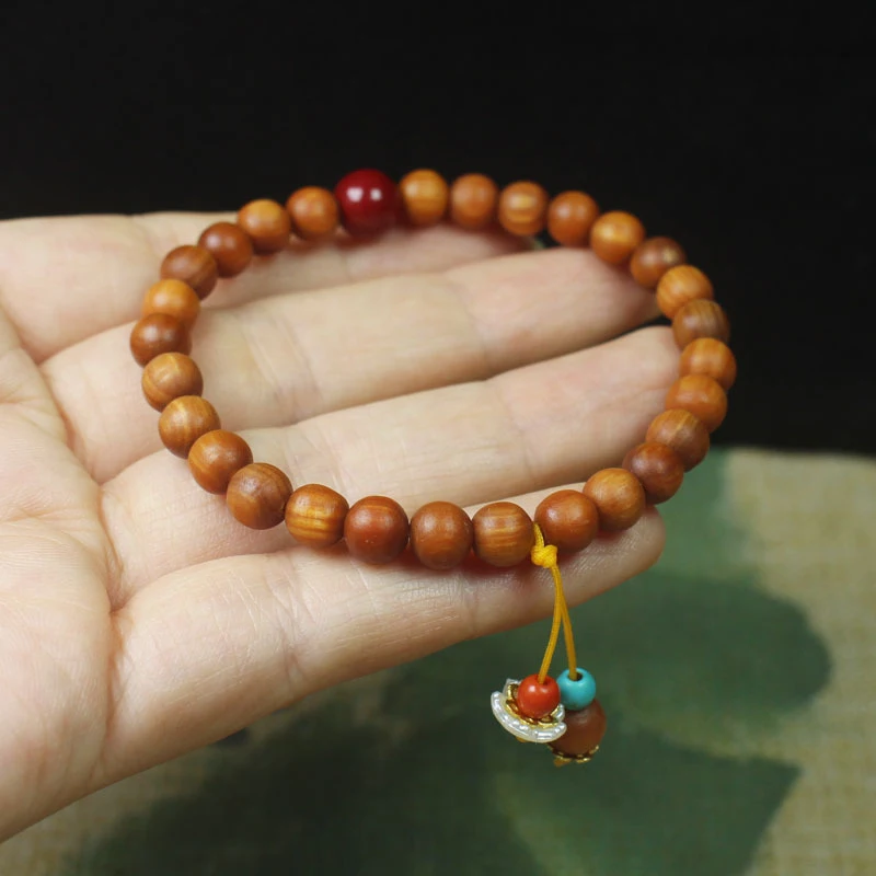 Banyan wood high-oil content 6mm with white floral , unisex Buddhist prayer beads wooden bracelet jewelry