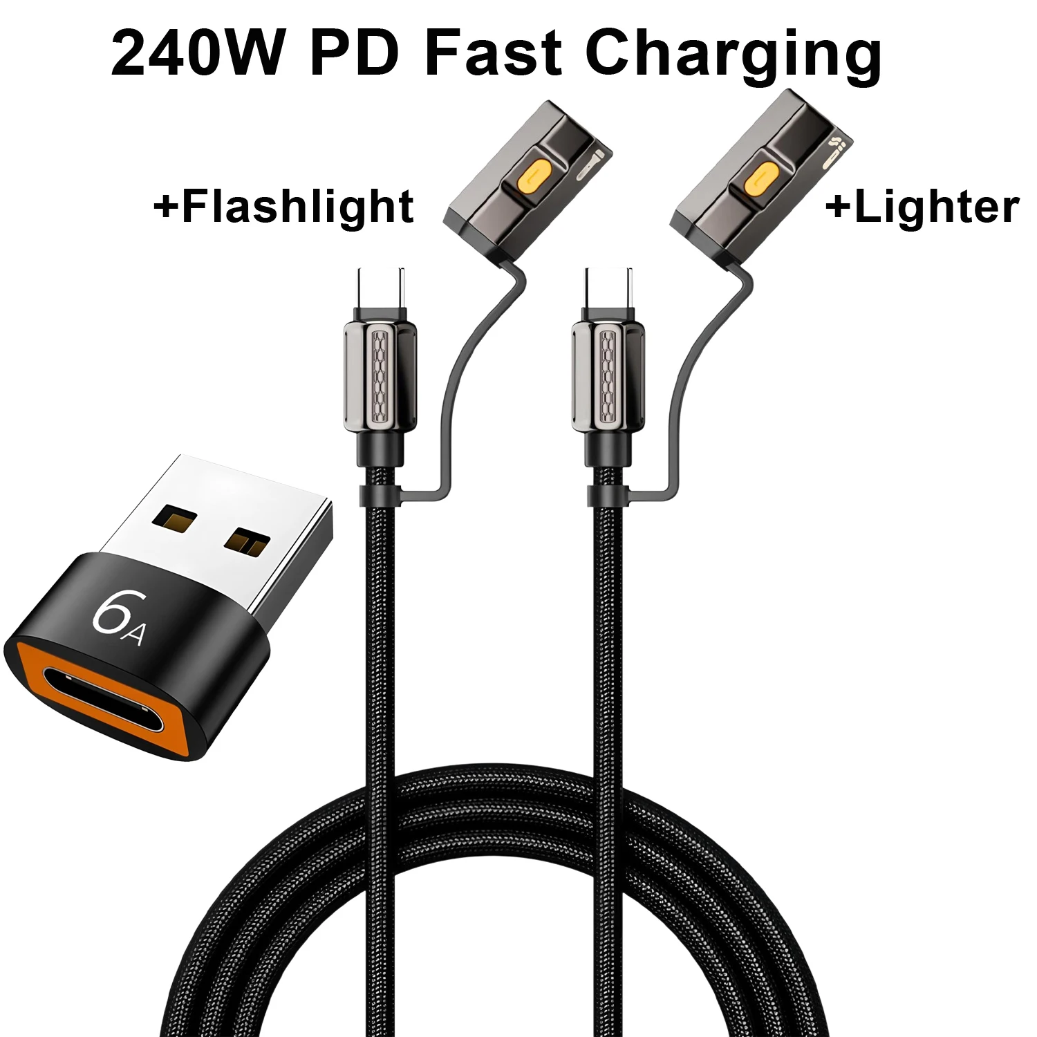 240w Fast Charging Cable Type C To Type C Flashlight with Lighter & LED OTG Port Braided USB C Cable For All Phone