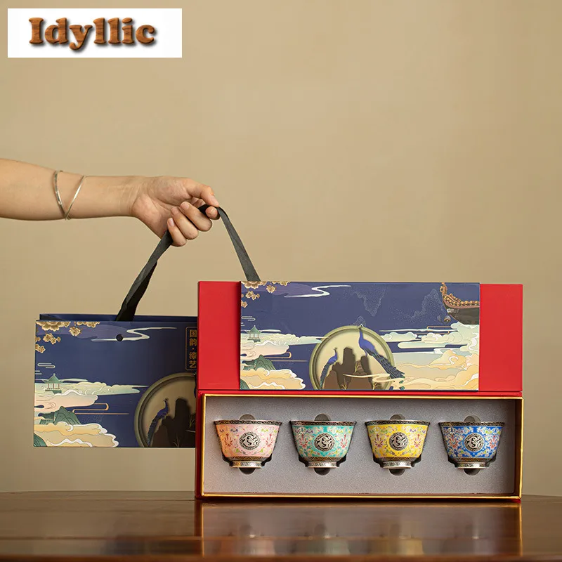 

110 мл, 4 шт., цвет эмали, позолоченная серебряная чашка, традиционная чайная чаша, кувшин для воды, чашка для медитации, чашка Jianzhan Master Cup, набор для чая