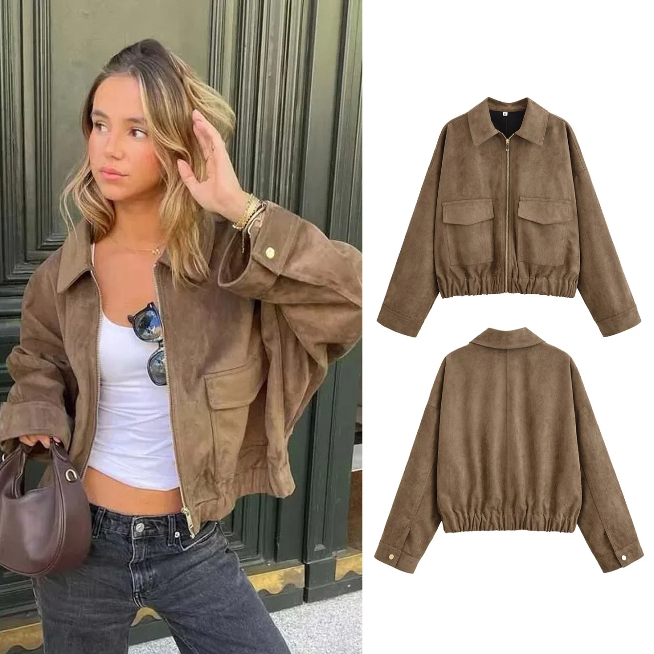 

Women Bomber Suede Jackets Female Long Sleeve Zipper Short Jacket Coat Autumn Winter Large Pocket Elastic Hem Jackets Streetwear