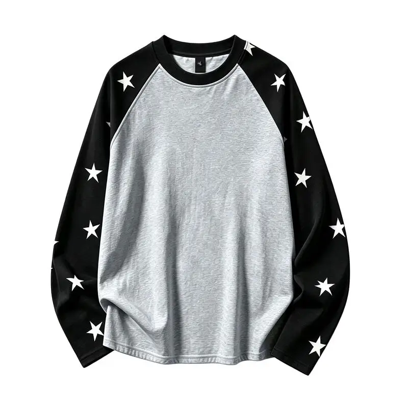 Star Print Contrasting Raglan Long Sleeved T-shirt for Women Loose Casual Cotton Top Unisex Y2k Streetwear Chic Clothing
