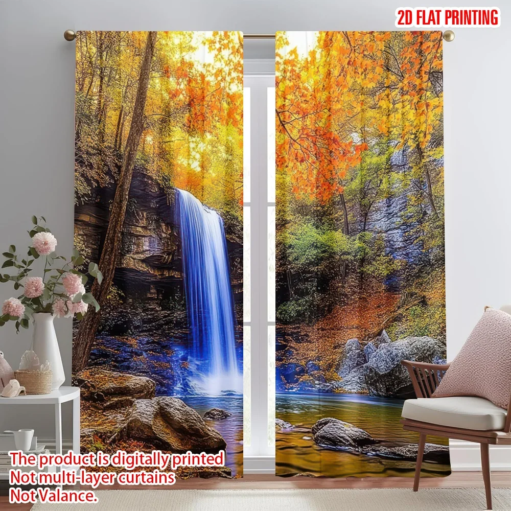 

2D flat printing 2pcs Curtains Autumn Waterfall Serenity(1) Digital Printed Polyester Drapes Family Party Perfect for Photo