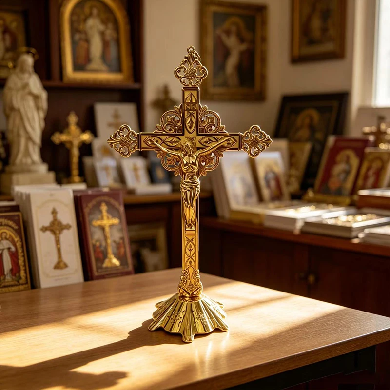 Ornate Gold Tone Altar Standing Cross with Jesus Crucifix for Orthodox/Catholic Church Prayer and Religious Home Decor