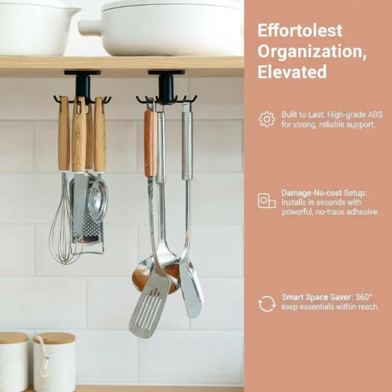 Adhesive Under Cabinet Kitchen Utensil Hook 360 Rotation 6 Hooks Strong Adhesive No Drilling for Home Daily Use