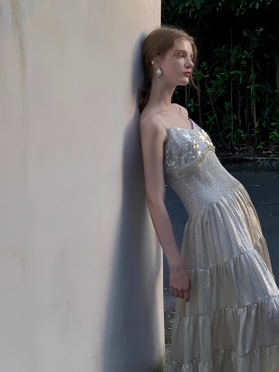 ReddaChic Women Party Sparkly Sequin Cami Dress Glossy V-neck Ruffle Elastic Back Pleated Long Dress Homecoming Formal Clothes