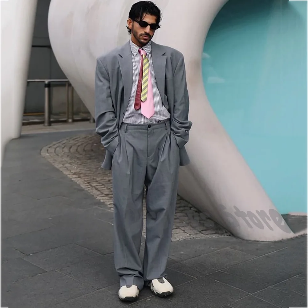 Grey Men Suit 2 Piece Single Breasted Blazer Pants Loose Fit Street Fashion Daily Office Party Retro Casual Gentleman Outfit