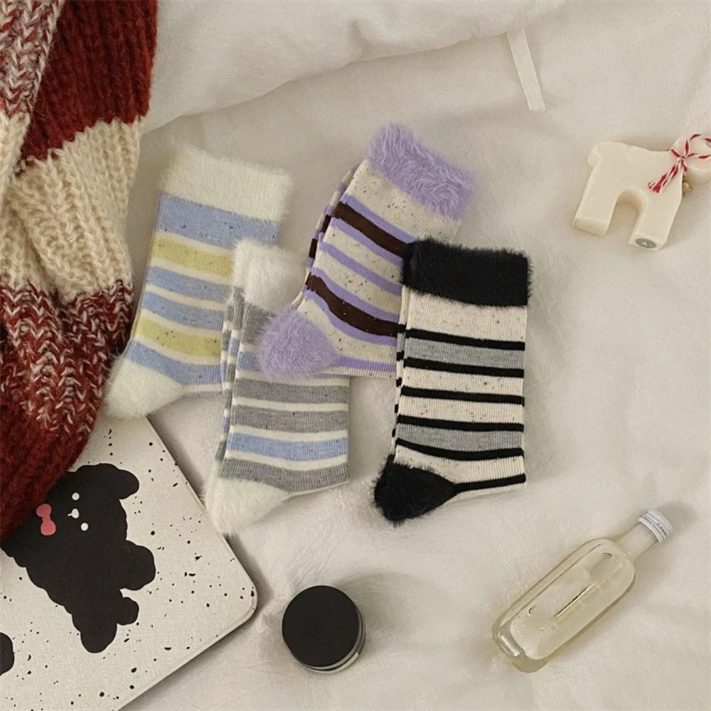 

3Pairs Comfortable Sweet Women Tube Socks Spot Furry Women's Stockings Hosiery Faux Mink Hair Striped Mid-calf Socks Female