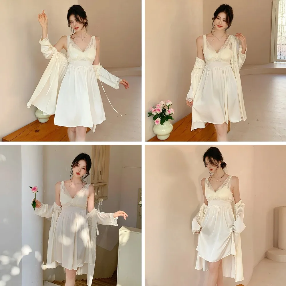 

2025 Summer Women's French Sexy Sleepwear Set, Ice Silk Lace Nightgown & Suspenders Two-Piece Pajamas