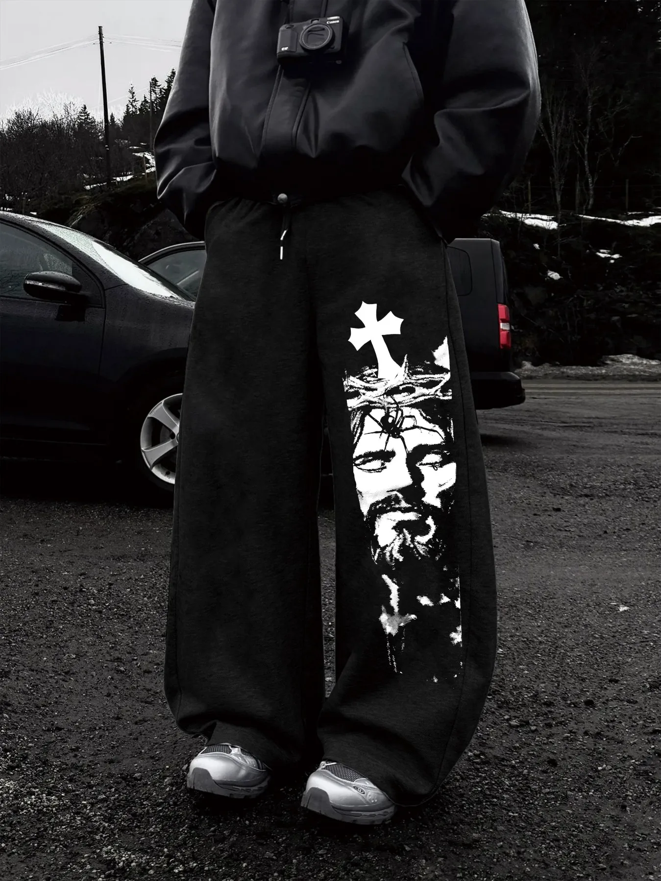 Men Trendy Religion Cross Print Straight Pants High Street Drawstring Hip Hop Streetwear Casual Sports Trousers Baggy S-3XL