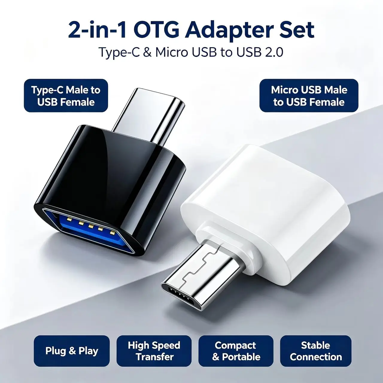 Type C & Micro USB Male to USB 2.0 Female OTG Adapter 2 Pack Portable Converter for Phone Tablet Flash Drive