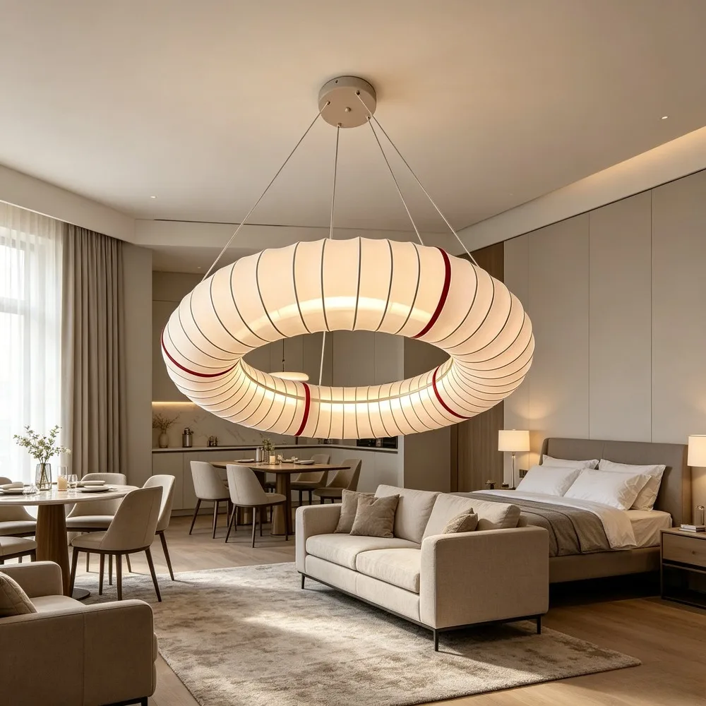 Japanese Wabi Sabi White Round Fabric Pendant Light Living Dining Room Bedroom Cloth Chandelier Home Decor Designer Circle Lamps