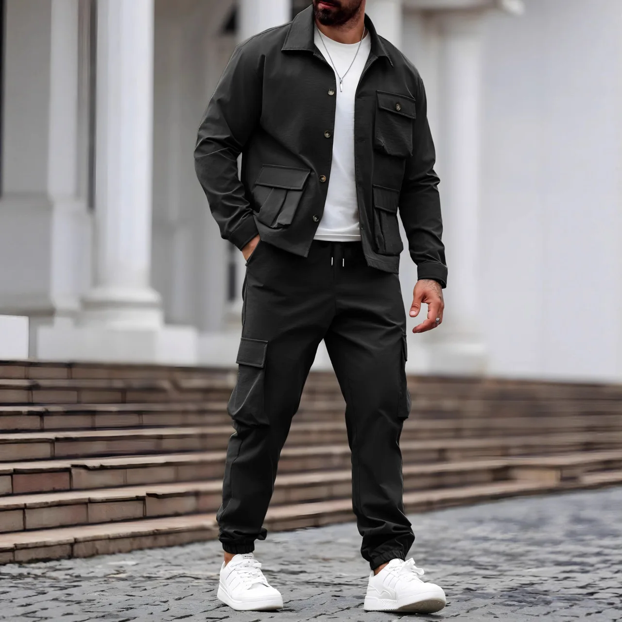 Spring and Autumn Men's fashionable new sporty workwear style solid color multi-pocket design long-sleeved long pants set