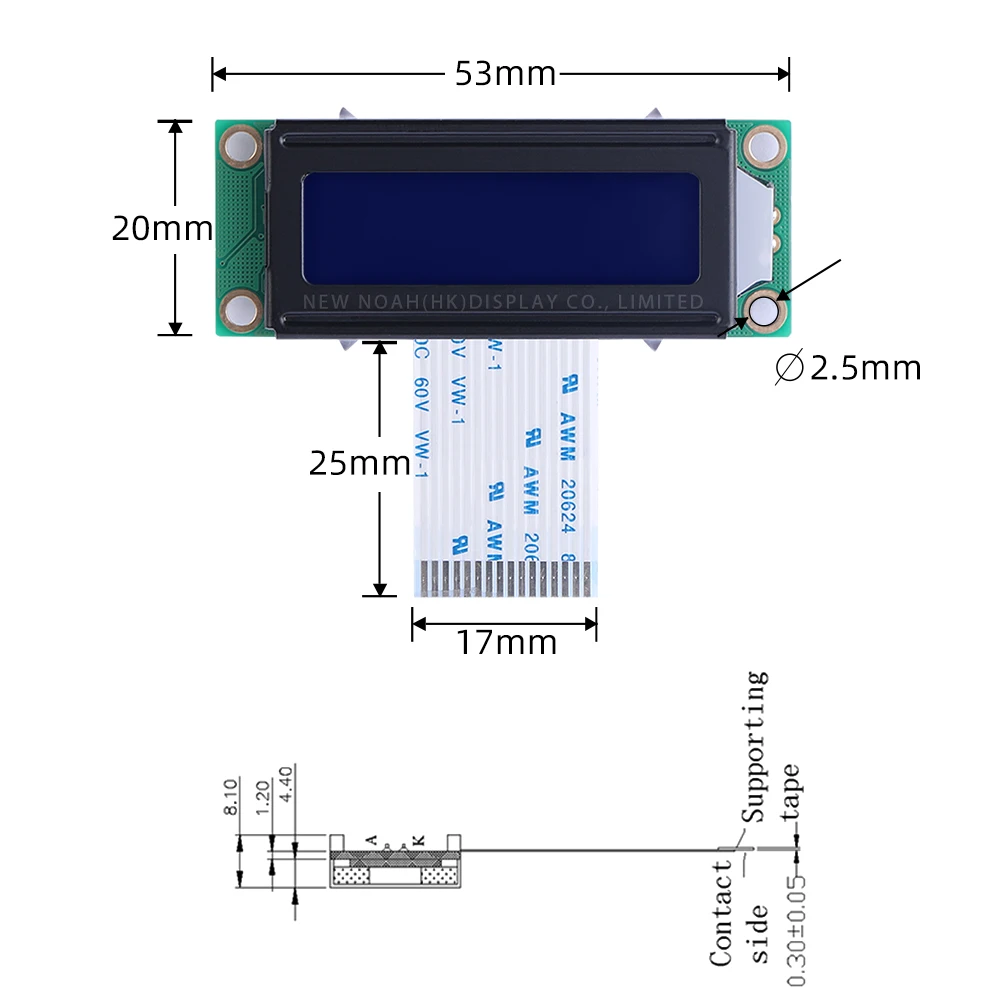 Persian Blue Film White Letters 1602A-20-1A Character LCD Module 02X16 LCD Fpc25MM 5V ST7066U 53X20MM Multilingual Module