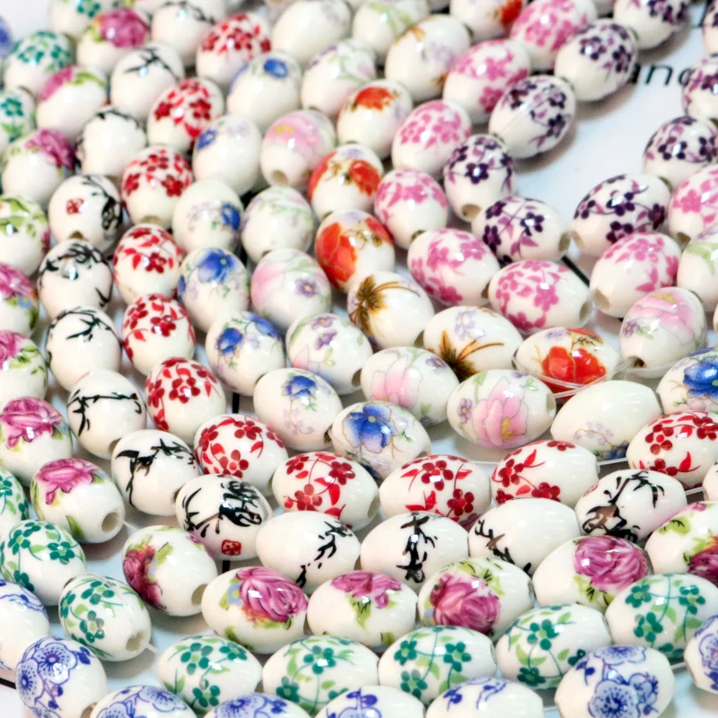 10Pcs/Lot Blue and White Ceramic Painted Beads 11x15mm Oval Flower Porcelain Bead Loose Spacer  for DIY Jewelry Making Decor