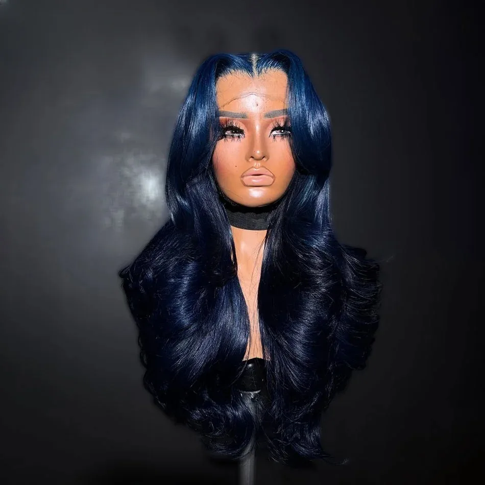 

Dark Blue Wig Long Body Wave Lace Front Wig Heat Resistant Glueless High Quality Daily Use Cosplay Ready To Wear On Sale