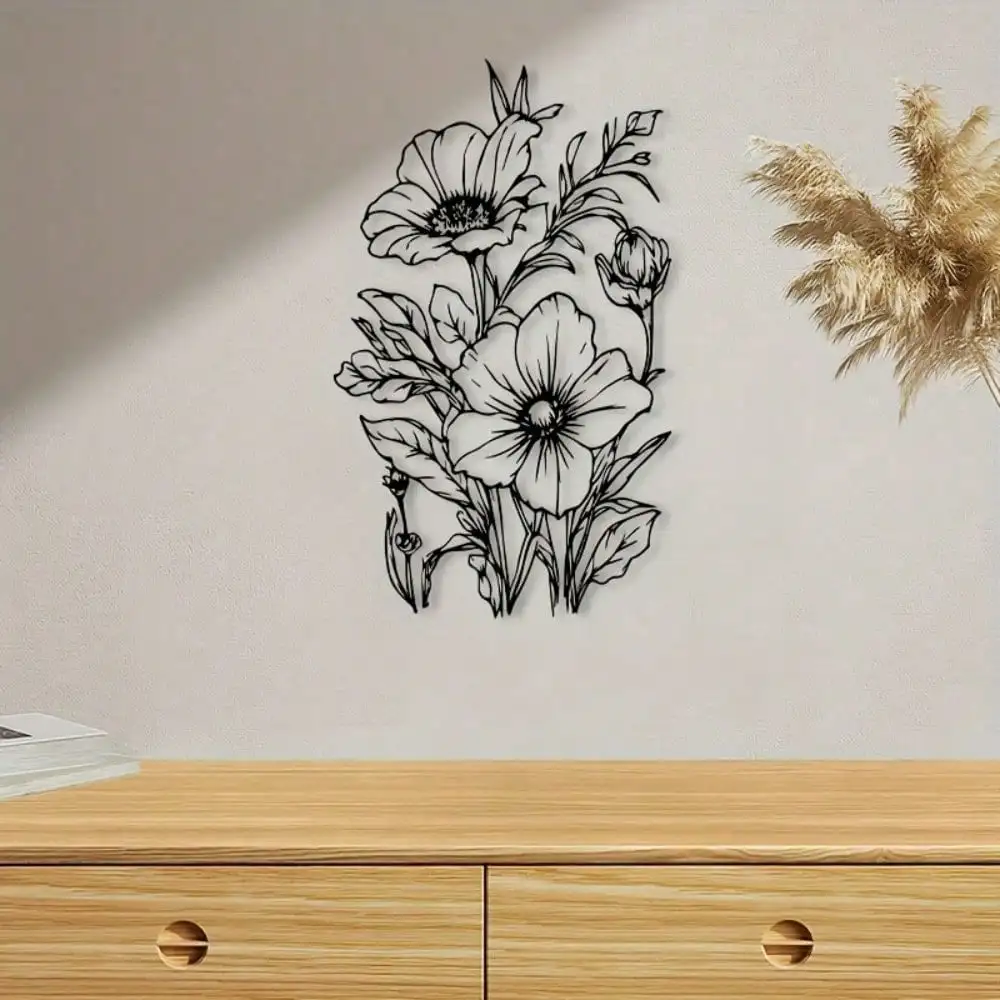 CIFbuy Retro Black Metal Wall Art Iron Floral Sculpture Powder Coated Flower Mural For Bedroom Home Decor Art Lovers Gift