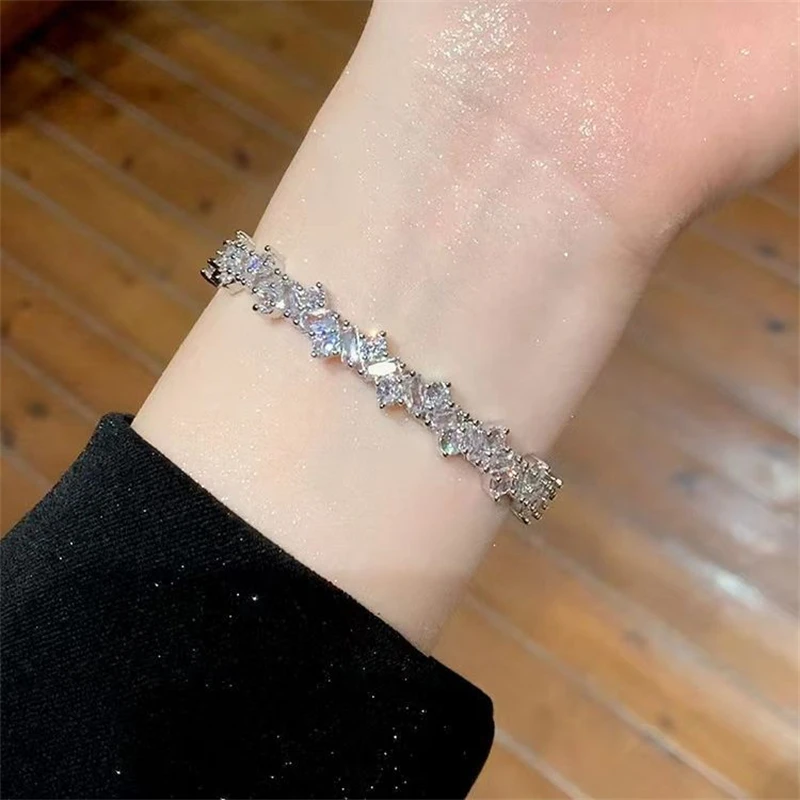 Silver Plated Full Rhinestone Open Bangle For Women 2023 New Design Luxury Hollow Versatile Bracelet Wedding Jewelry Party Gift