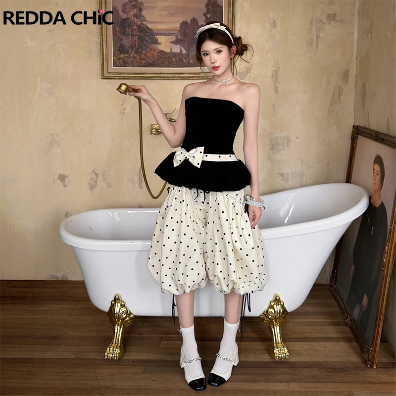 ReddaChic Strapless Tube Bermuda Shorts Women Matching Set Polka Dots Wide Leg Bloomers Bowtie Strapless Top Vintage Clothes