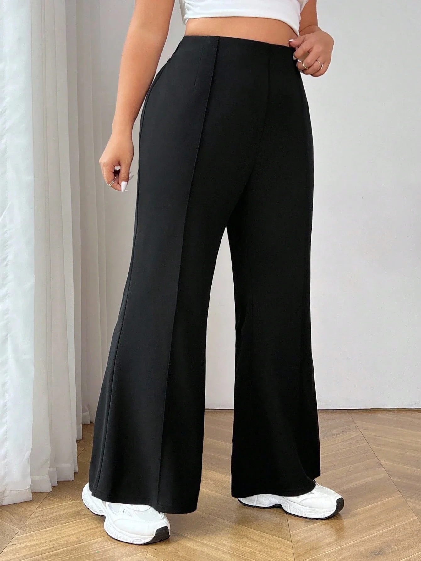 

Petite Curve Flare Pants High Waist Wide Leg Black Solid Casual Formal Women