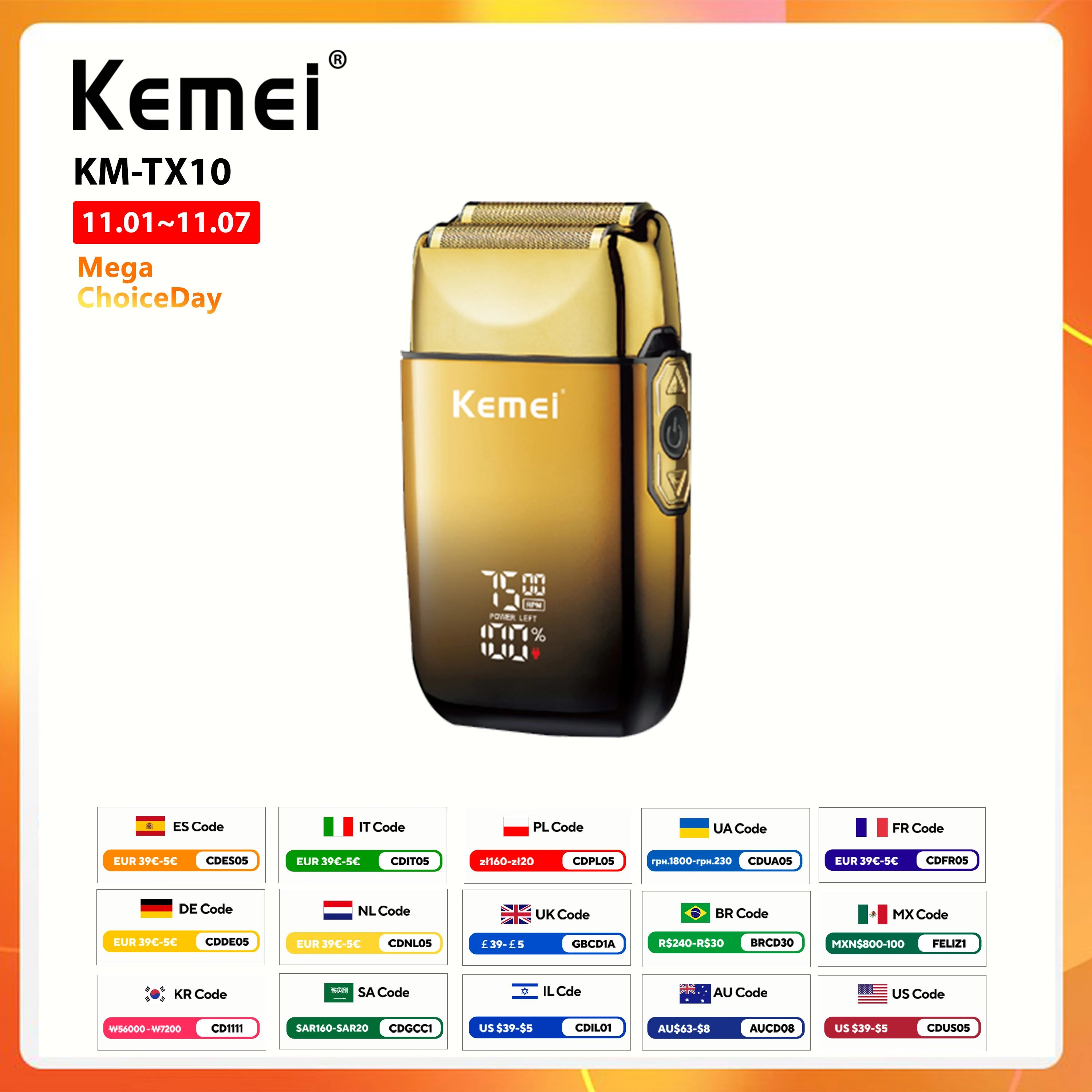 Kemei TX10 New Electric Shaver with LED Display Screen Rechargeable Hair Beard Razor Bald Head Shaving for Men