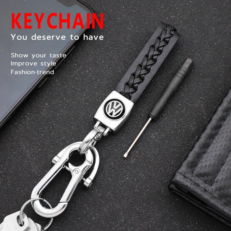 For VW GTI Polo Golf Passat Tiguan Arteon Touareg Taigo Caddy 1Pcs Leather Epoxy Logo Keychain Metal Keyring Car Key Accessories