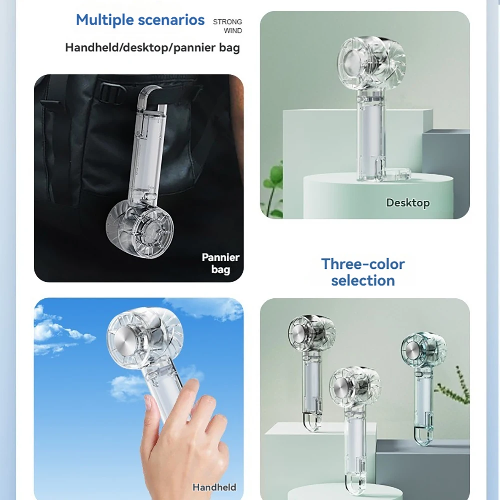 New Transparent Portable Hook Handheld Desktop Turbo Fan Rechargeable Fan 3 Speed Hand Fan For Travel Outdoor Cold Compress Fans