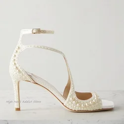 Sandali da sposa con perle bianche cinturini alla caviglia con punta quadrata da donna tacchi alti 2024 estate novità in scarpe di grandi dimensioni firmate di lusso