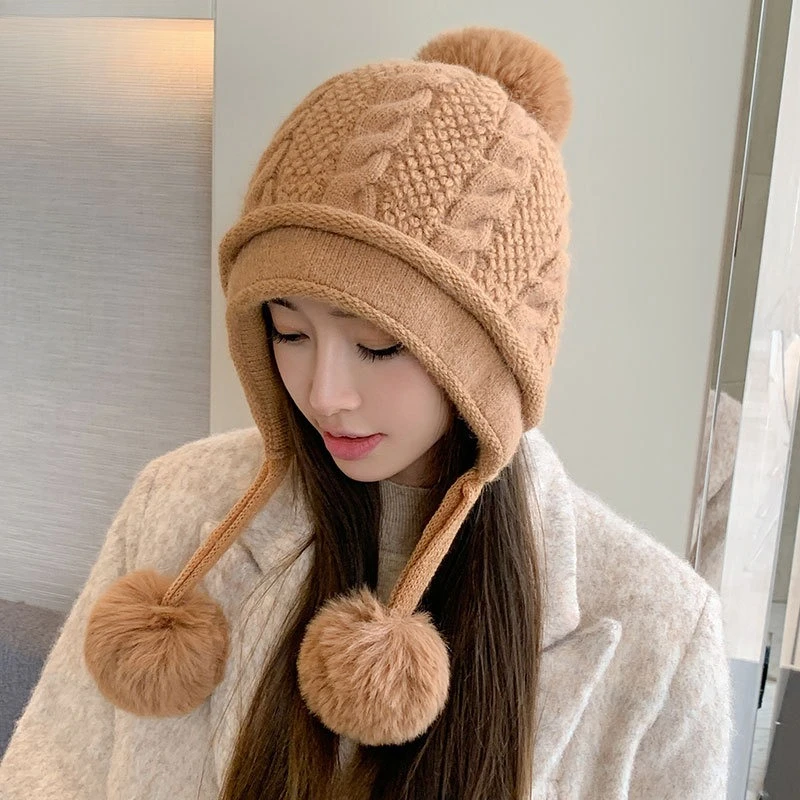 Rabbit Fur Knitted Hat, Ear Protection, Fleece, Warm Twist Three Hair Ball Hat, Simple and Versatile, Showing Small Face