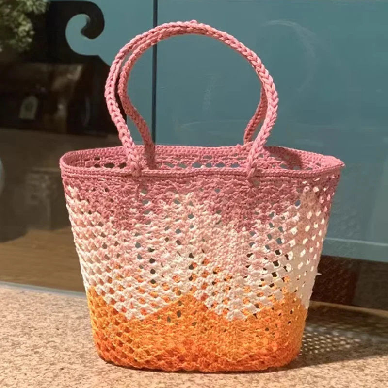 

Summer New Cotton Thread Hollow Woven Bag Women's Handbag Beach Bag Wave Texture Contrasting Large Shoulder Bag Tote Bag